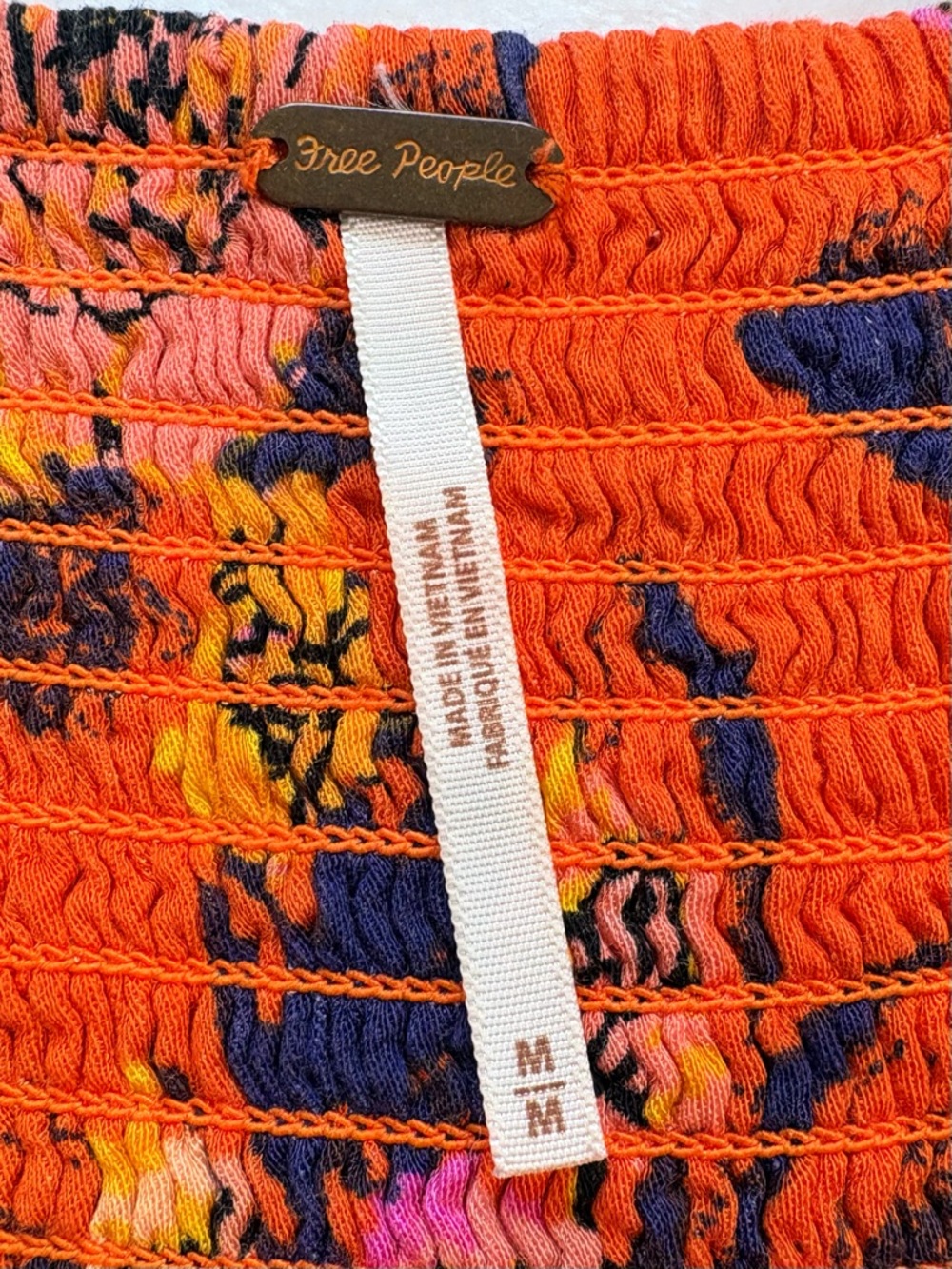 FREE PEOPLE Happy Heart Floral Mini Dress Orange Tie Front Smocked Back M Slip - Picture 5 of 8